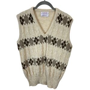 Vintage 70s Career Club Men's Cream Tan Grandpa V Neck Vest Sweater Size L